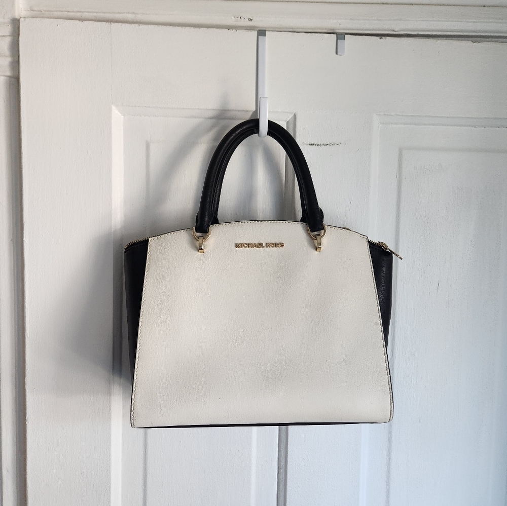 Michael Kors White and Black Leather Satchel Shoulder Bag
